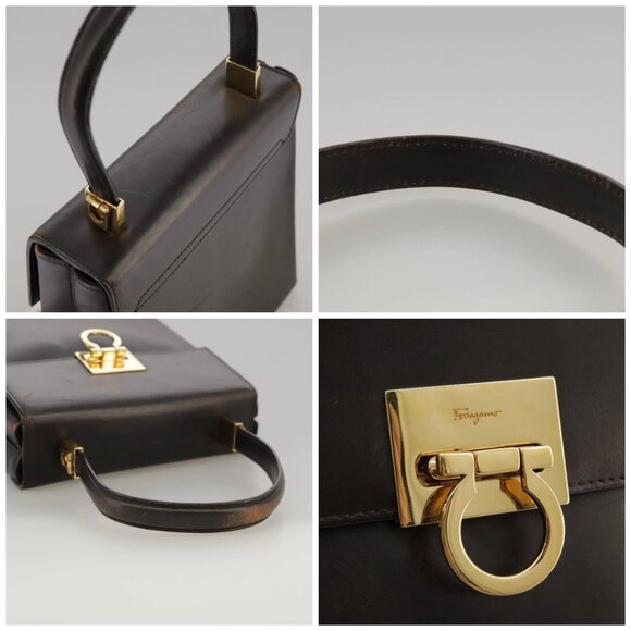 Salvatore Ferragamo Gancini Hand Bag Leather 2way Dark Brown Gold Auth 103214 - Picture 16 of 16